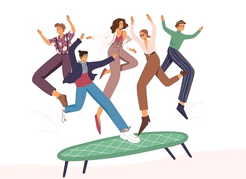 People jumping on trampoline flat vector illustration. Positive experience concept. Group of young friends having fun. Friendship, teamwork, team building. Satisfied users and clients