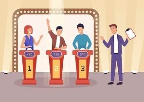 Quiz TV show flat vector illustration. People cartoon characters playing television game show, answering questions and solving puzzles. Show host with clipboard staying near players