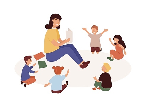 Smiling kindergarten teacher and kids flat vector illustration. Woman tutor and preschoolers reading in nursery. Babysitter and children cartoon characters. Primary education, preschool development