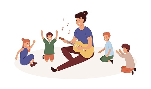 Kindergartener with kids group flat vector illustration. Nursery governess playing guitar. Music and singing lesson, game, entertainment. Smiling woman and children cartoon characters