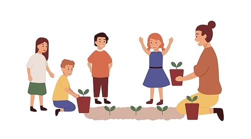 Kindergarten teacher with kids group flat vector illustration. Woman planting flowers. Gardening lesson, entertainment, teaching. Smiling kindergartener and children cartoon characters