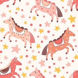 Abstract carnival horses seamless pattern. Magical cartoon ponies colorful childish backdrop. Fairy tale hand drawn cute pink animal with stars and polka dot flat vector background