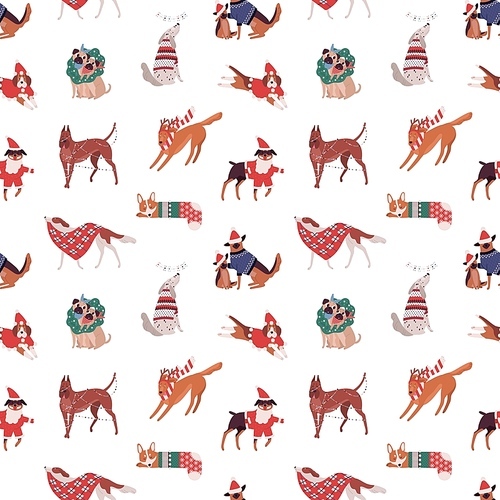 Christmas dogs vector seamless pattern. Puppies of different breads in funny Xmas costumes background. Dachshund, dalmatians, pug and corgi. Festive winter holiday wrapping paper design