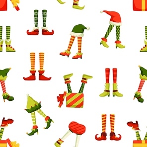 Christmas elf legs flat vector seamless pattern. Funny new year, winter holiday themed texture. Colorful clown, jester, santa helpers footwear illustrations. Xmas wrapping paper, wallpaper design