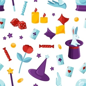 Equipment for magic show seamless pattern. Purple wizard cylinder with white rabbit, illusionist white gloves, magical stick and playing cards backdrop. Wrapping paper flat vector design