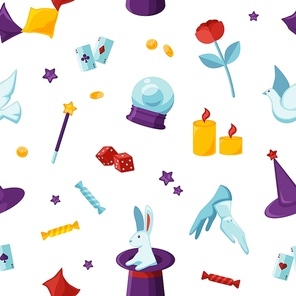 Magician attributes vector seamless pattern. Soothsayer and conjurer items, magic things texture. Theurgical things background. Creative fabric, textile, wallpaper, wrapping paper design