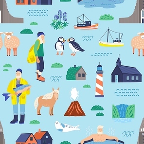 Iceland flat vector seamless pattern. Islandic people, animals and landmarks decorative background. Traditional scandinavian nature and architecture illustrations. Cartoon wallpaper design