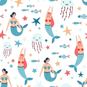 Underwater inhabitants flat vector seamless pattern. Mermaid with seashell bra and tail. Colorful undersea world fairy tale cartoon characters, jellyfish and starfish on white background