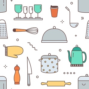 Restaurant kitchenware vector seamless pattern. Kitchen equipment, dinnerware, tableware decorative texture. Cooking tools, pan, rolling pin, potholder, glassware and knife outline illustrations