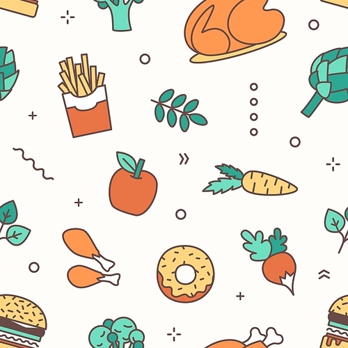 Food products flat vector seamless pattern. French fries, chicken and sandwiches linear icons. Fast food, fruits and vegetables outline illustrations. Trendy restaurant wallpaper design