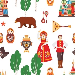 Russian folk seamless pattern vector illustration. Birch tree, Moscow Kremlin, nesting doll, samovar and balalaika texture. Russian colorful traditional clothing, bear and felt boots