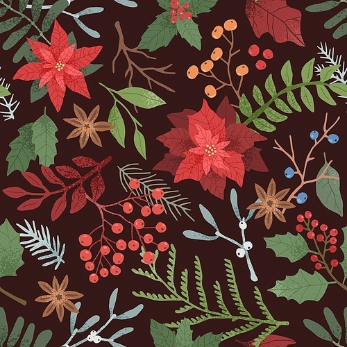 Winter season botanical vector seamless pattern. Poinsettia, sorbus berries, ilex, mistletoe on black background. Seasonal botany decorative backdrop. Wrapping paper, textile, fabric design