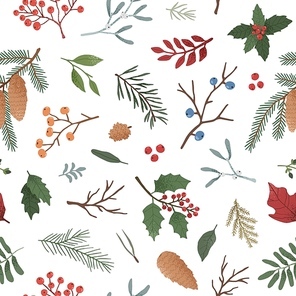 Wintertime plants flat vector seamless pattern. Hand drawn mistletoe twigs, ashberries and pine cones illustrations. Traditional Christmas wallpaper design. Elegant wintertime botanical textile print