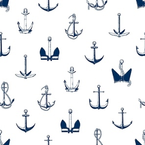 Ship anchors vector seamless pattern. Armature different types monochrome texture. Boat accessories, vessel attributes monocolor background. Creative textile, wallpaper, wrapping paper design