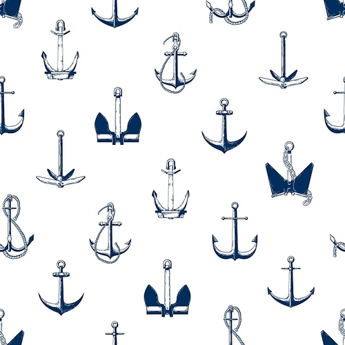 Ship anchors vector seamless pattern. Armature different types monochrome texture. Boat accessories, vessel attributes monocolor background. Creative textile, wallpaper, wrapping paper design