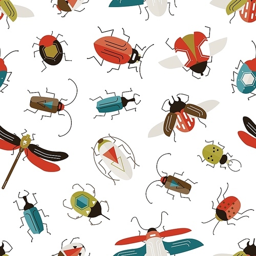 Bugs and beetles vector seamless pattern. Entomology and insects colorful backdrop. Dragonfly, ladybugs, ladybirds and stag-beetle on white background. Wildlife nature textile design