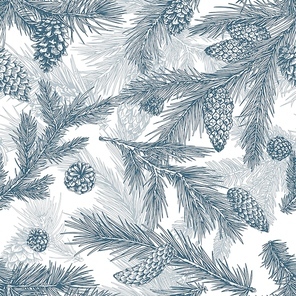 Christmas tree hand drawn seamless pattern. Pine branches with cones texture. Merry christmas monochrome print. Flora, firs. Realistic botanical wallpaper , wrapping paper vector design