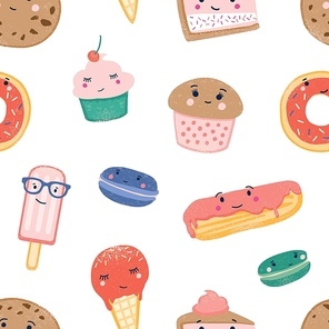 Cute sweets seamless pattern. Desserts colorful backdrop. Ice cream cones, popsicles, cupcakes, macaroons and eclair with custard and frosting on white background. Wrapping paper flat vector design