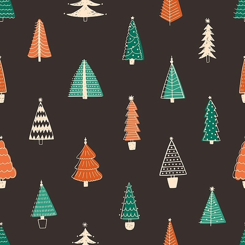 Fir trees vector seamless pattern. Hand drawn spruces on black background. Stylish winter season wallpaper design. Minimalist botanic doodles, New Year symbols. Christmas time wrapping paper, textile