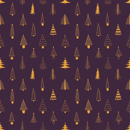 Xmas trees vector seamless pattern. Hand drawn yellow fir trees on purple background. Doodle style botanical background. Christmas wrapping paper, textile, stylish wallpaper design.