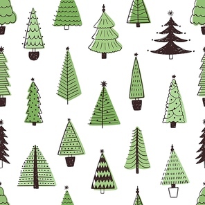 Christmas trees hand drawn vector seamless pattern. Evergreen fir trees doodle style texture. Traditional xmas celebration symbols background. Botanical textile, wallpaper, wrapping paper design