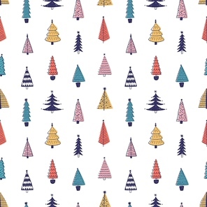 Colorful fir trees hand drawn vector seamless pattern. Multicolor xmas trees on white background. Abstract holiday themed texture. Christmas wrapping paper, floral textile, wallpaper design