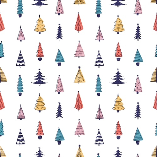 Colorful fir trees hand drawn vector seamless pattern. Multicolor xmas trees on white background. Abstract holiday themed texture. Christmas wrapping paper, floral textile, wallpaper design
