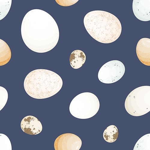 Eggs blue color seamless pattern. Traditional easter meal texture. Quail and chicken eggs background. Creative food wallpaper. Domestic bird, poultry nutrition production illustration