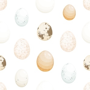 Domestic birds eggs flat vector seamless pattern. Traditional breakfast ingredient texture. Chicken, quail, goose, duck, and ostrich eggs decorative background. Creative wallpaper, textile design