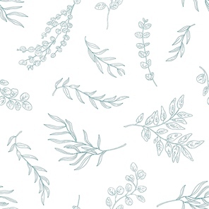 Eucalyptus leaves seamless pattern. Hand drawn plant branches and twigs. Flora, realistic foliage texture. Floral textile monochrome print. Botanical wallpaper, fabric, textile vector design