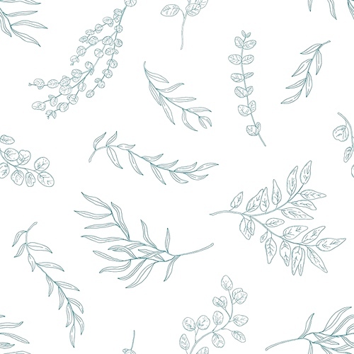 Eucalyptus leaves seamless pattern. Hand drawn plant branches and twigs. Flora, realistic foliage texture. Floral textile monochrome . Botanical wallpaper, fabric, textile vector design