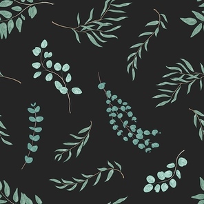 Eucalyptus leaves seamless pattern. Exotic green herbs texture. Floral textile print with twigs vector illustration. Hand drawn plant branches on black background. Realistic botanical wallpaper design