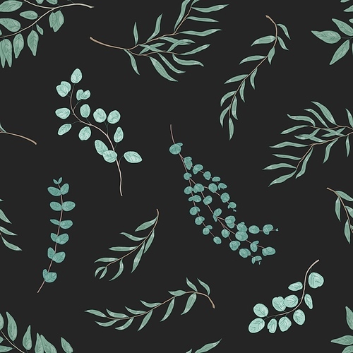 eucalyptus leaves seamless pattern. exotic green herbs texture. floral textile print with twigs vector illustration. hand drawn plant branches on  background. realistic botanical wallpaper design