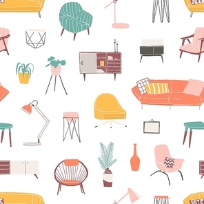 Home decor and accessories hand drawn seamless pattern. Colored furniture pieces backdrop. Stylish home furnishing colorful background. Lamp, vase, houseplants in pots, sofa with cushions