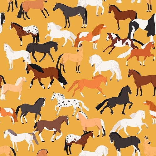 Horses seamless pattern flat vector illustration. Mare and stallion of different breeds on yellow background. Farm animal backdrop. Equine texture. Wallpaper, wrapping paper design