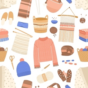 Knitted items flat vector seamless pattern. Knitting and sewing tools texture. Woolen clothes and handmade accessories background. Warm winter garments and apparel vector illustration