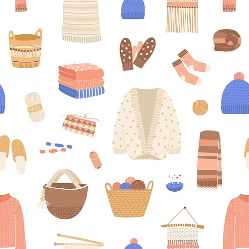 Knitted items vector seamless pattern. Cute and warm winter clothes backdrop. Skein of wool, knitting needles, yarn basket, woolen jumper, hand made scarf and cardigan. Knitwear background