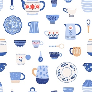 Pottery, hand painted crockery vector seamless pattern. Clay utensil items colorful texture. Earthenware in rustic style drawing. Creative fabric, textile, wallpaper, wrapping paper design