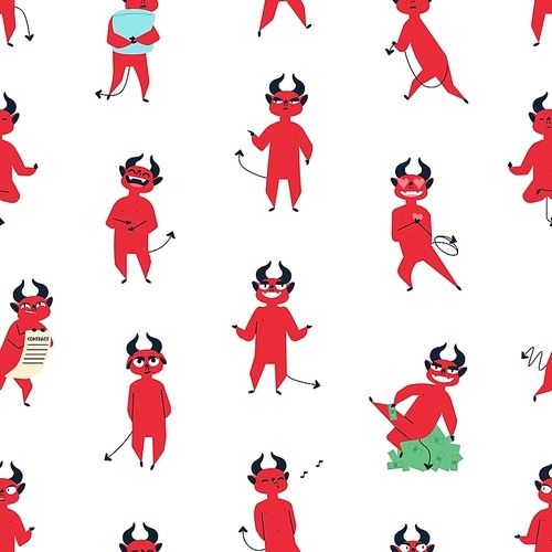 Funny red devil flat vector seamless pattern. Comic satan, cute demon with horns decorative texture. Hell mascot, mythical creature in different poses illustrations. Creative wallpaper, textile design