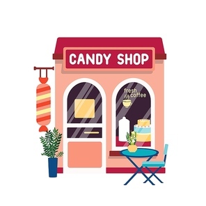Candy shop flat vector illustration. Confectionery store facade with cake at showcase isolated on white . Sweets selling concept. Modern coffeehouse exterior with table on street