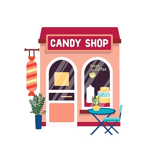 Candy shop flat vector illustration. Confectionery store facade with cake at showcase isolated on white . Sweets selling concept. Modern coffeehouse exterior with table on street