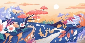 Fantasy world flat vector illustration. Fantastic location, unrealistic flora, magic plants, fairy flowers and trees. Imaginary kingdom concept. Fanciful place, magical forest, beautiful landscape