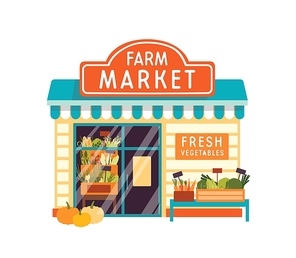 Farm market flat vector illustration. Food store building exterior. Vegetable shop facade with signboard isolated on white . Kiosk with fresh veggies. Grocery with corn at showcase