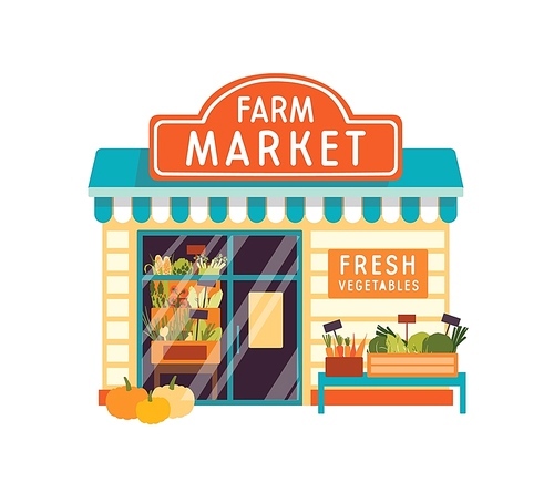 Farm market flat vector illustration. Food store building exterior. Vegetable shop facade with signboard isolated on white . Kiosk with fresh veggies. Grocery with corn at showcase