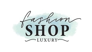 Fashion shop logo vector illustration. Luxury clothing store watercolor logotype, label design. Inscription on blue paint smears background. Apparel store lettering with aquarelle brush strokes