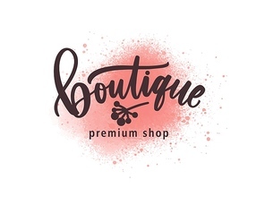 Fashion premium shop logo vector illustration. Luxury clothing store watercolor logotype, label design. Inscription on paint pink splatters background. Boutique lettering with aquarelle brush strokes