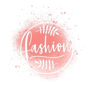 Fashion boutique logo with pink splashes vector illustration. Clothes store watercolor logotype with elegant calligraphy isolated on white . Clothing store emblem with plant branches