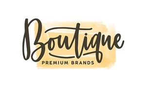 Fashion boutique logo vector illustration. Premium clothing store watercolor logotype with inscription on yellow paint smears background. Apparel store lettering with aquarelle brush strokes