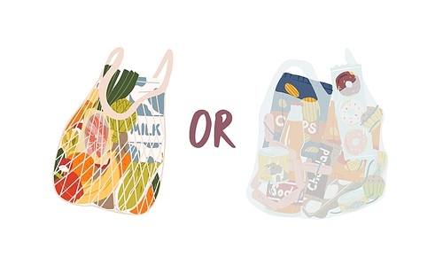 Turtle bag and plastic bag flat vector illustration. Important choice concept. Organic products and junk food isolated on white . Choosing between healthy and unhealthy nutrition