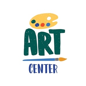 Art center flat vector logo. Palette and paintbrush illustration isolated on white . Drawing lessons, painting classes logotype design. Creative kids courses social media banner concept